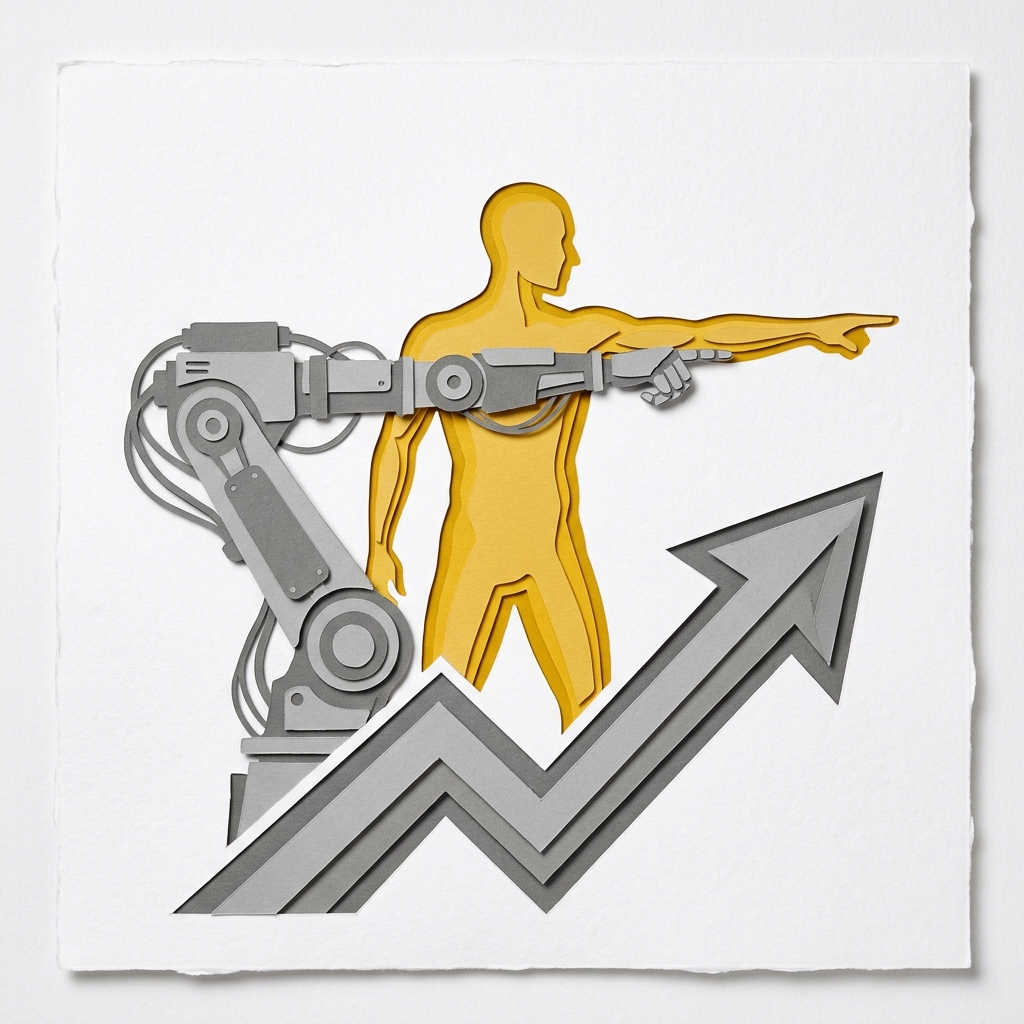 Layered papercut of a golden yellow human figure directing a grey robotic arm together toward an upward diagonal growth arrow, illustrating AI augmentation where human judgment and machine capability combine to produce greater output than either achieves alone, with evidence showing 15 to 55 percent task-level productivity gains in professional settings from writing to coding to legal research