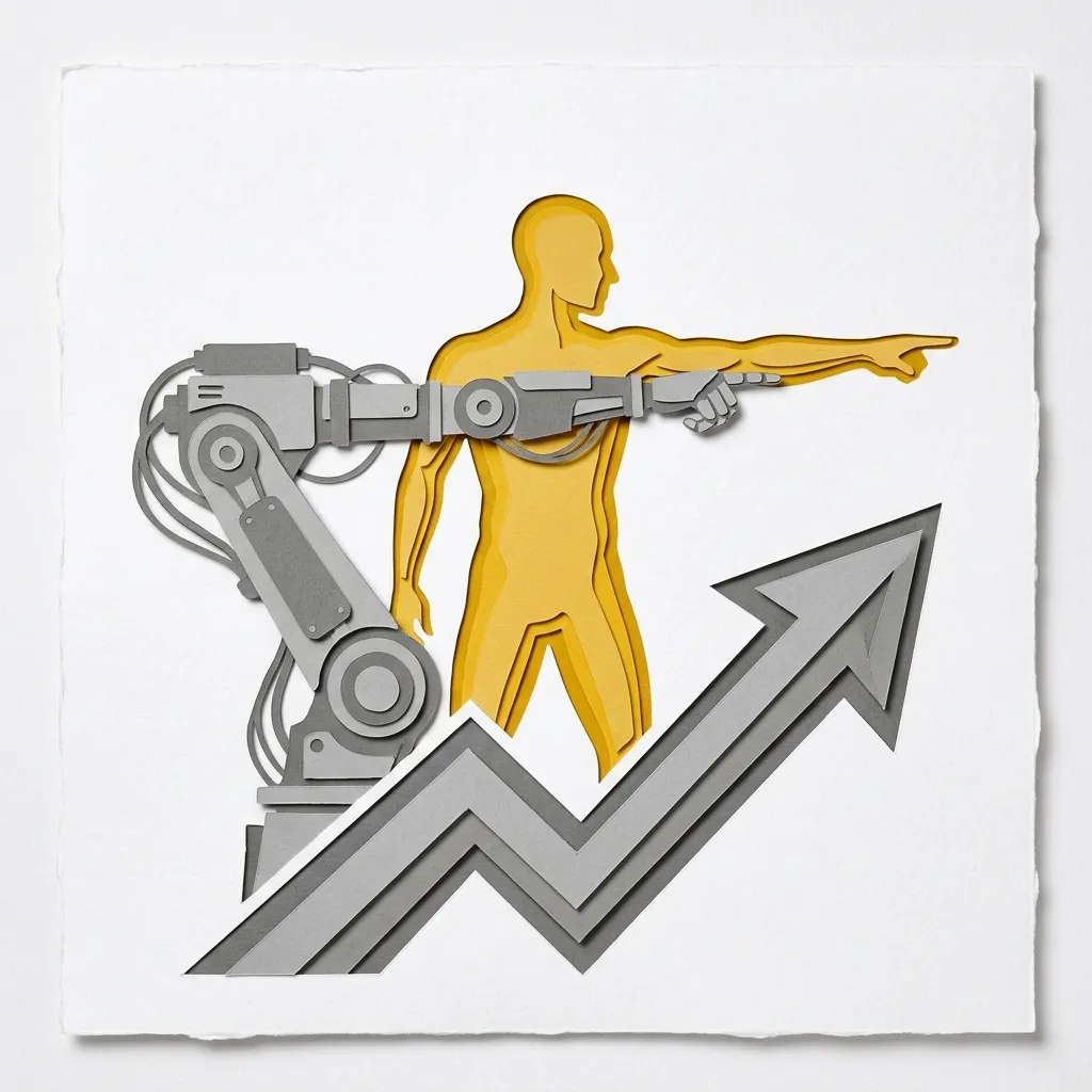Layered papercut of a golden yellow human figure directing a grey robotic arm together toward an upward diagonal growth arrow, illustrating AI augmentation where human judgment and machine capability combine to produce greater output than either achieves alone, with evidence showing 15 to 55 percent task-level productivity gains in professional settings from writing to coding to legal research