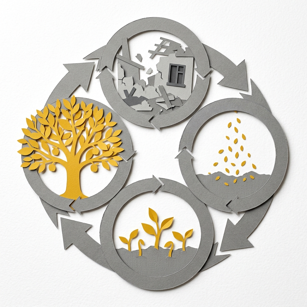 Layered papercut of a four-stage creative destruction cycle arranged in a circular pattern: top shows a grey building crumbling representing old industries dissolving, right shows golden yellow seeds falling to represent capital and labor being released, bottom shows golden yellow sprouts growing representing new industries forming, left shows a golden yellow leafy tree representing new employment and prosperity, all connected by grey circular arrows illustrating Schumpeter's cycle of renewal through disruption