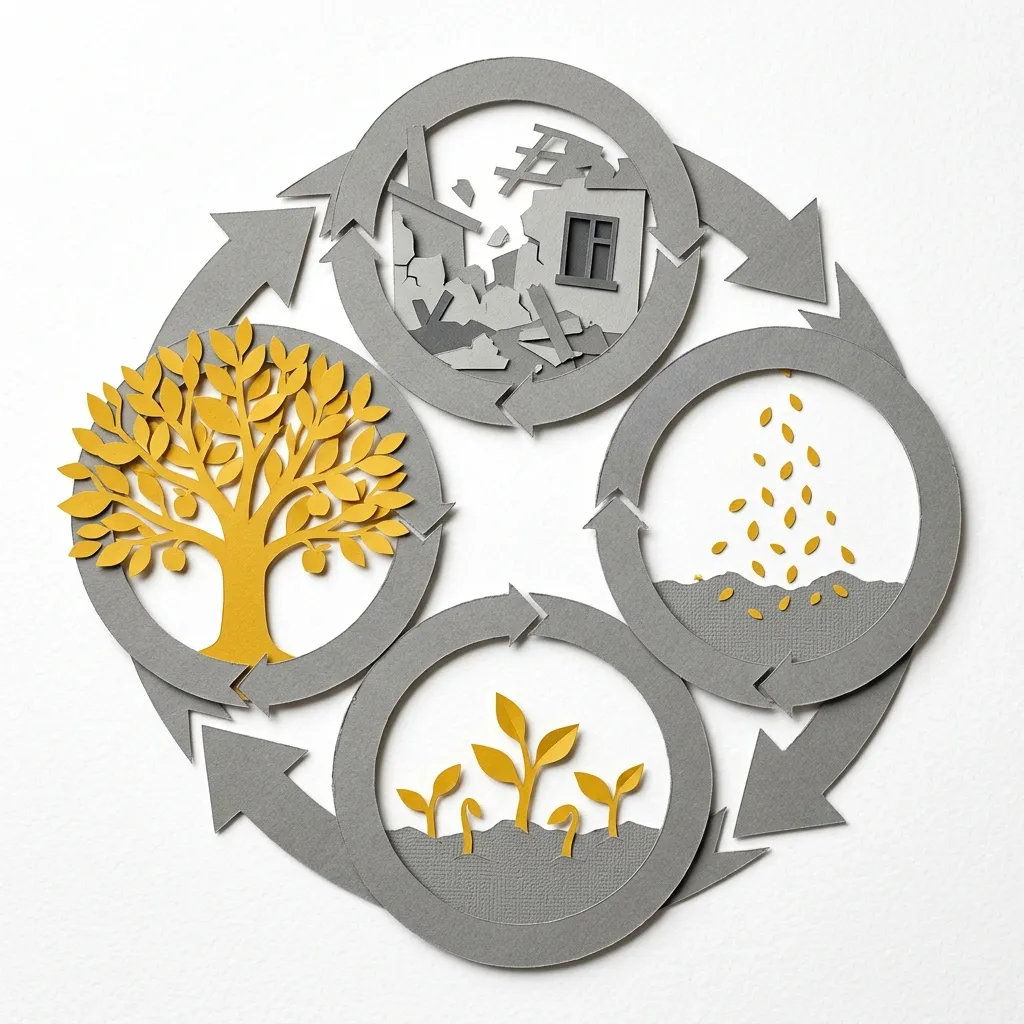 Layered papercut of a four-stage creative destruction cycle arranged in a circular pattern: top shows a grey building crumbling representing old industries dissolving, right shows golden yellow seeds falling to represent capital and labor being released, bottom shows golden yellow sprouts growing representing new industries forming, left shows a golden yellow leafy tree representing new employment and prosperity, all connected by grey circular arrows illustrating Schumpeter’s cycle of renewal through disruption