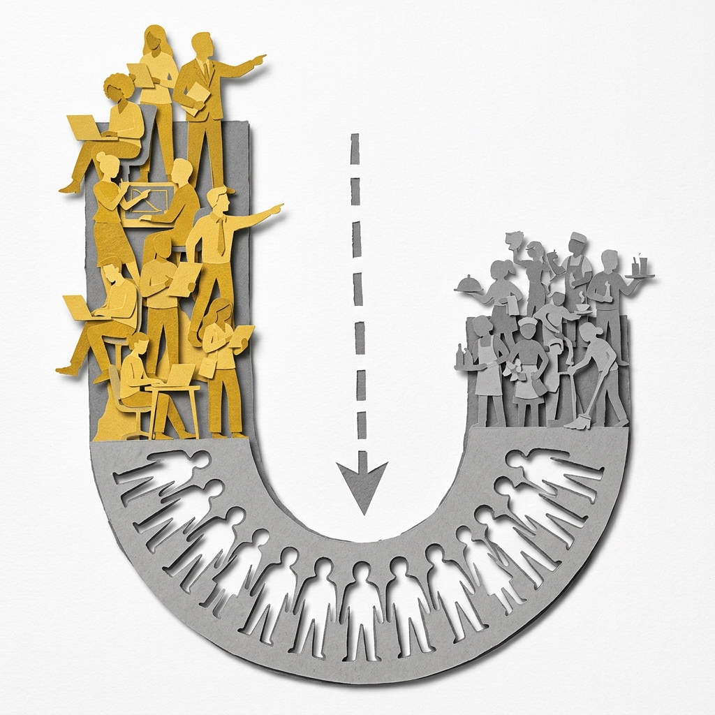 Layered papercut of a large U-shaped form where the left arm shows a growing cluster of golden yellow high-skill figures representing professional knowledge workers whose roles expand, the right arm shows a cluster of grey service workers in essential roles, and the bottom of the U hollows out with faded cutout figures representing the middle-skill routine cognitive jobs being automated, illustrating the job polarization pattern that Autor and Acemoglu identified and that AI is now intensifying into white-collar knowledge work