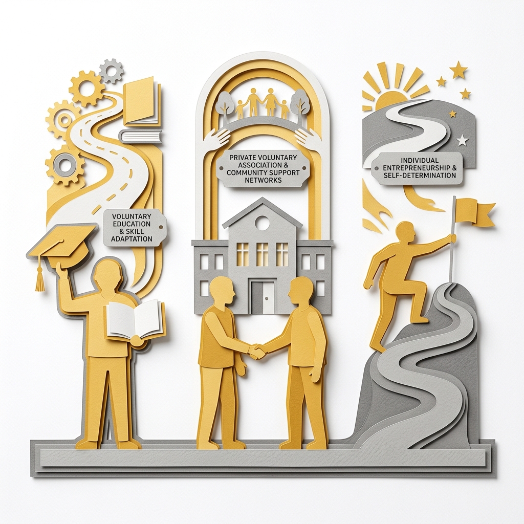 Layered papercut of three golden yellow columns representing the libertarian response to AI disruption: left column shows a figure with a graduation cap and book representing voluntary competitive education and skill development, center column shows two figures shaking hands before a civic building representing private voluntary mutual aid and community support networks, right column shows a figure planting a flag on a hilltop representing individual entrepreneurship and the freedom to build new things in new sectors, all standing on a shared grey baseline