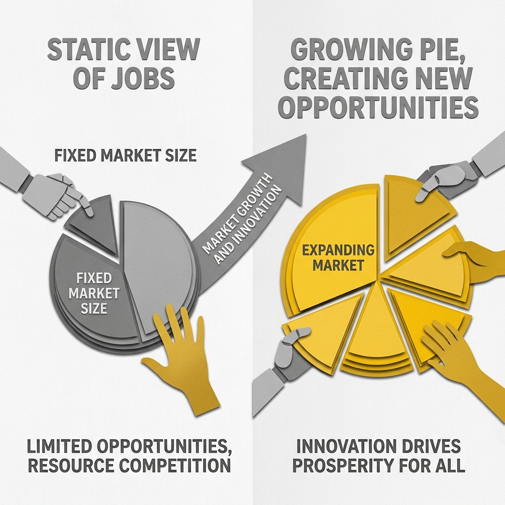 Layered papercut of two pie diagrams side by side: the left showing a small fixed grey pie with a robot taking a slice and a human unable to reach any, representing the lump of labor fallacy that assumes a fixed total of work; the right showing a much larger golden yellow expanding pie where both robotic and human hands hold generous slices, illustrating how productivity growth expands the total economic pie rather than simply redistributing a fixed amount of work