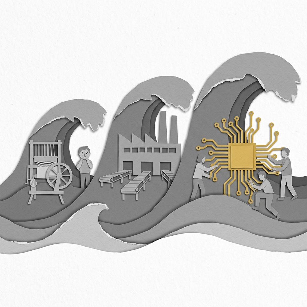 Layered papercut of three historical technology waves: the first wave carries a loom and a worried grey figure representing the Industrial Revolution Luddites, the second wave carries a grey factory with conveyor belts representing mass manufacturing automation, and the third wave carries a golden yellow circuit board with grey figures working alongside it rather than being replaced, illustrating the consistent historical pattern of technological disruption followed by adaptation and growth