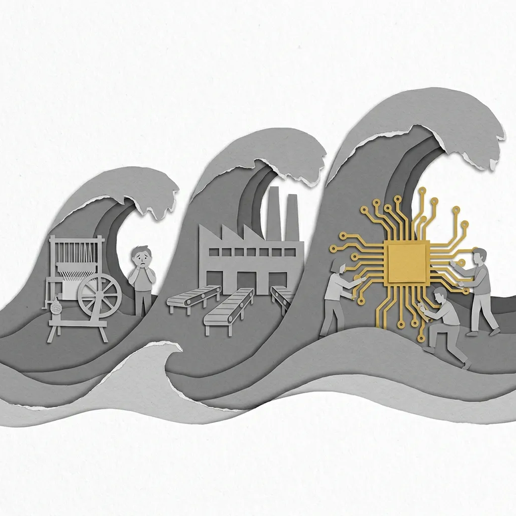 Layered papercut of three historical technology waves: the first wave carries a loom and a worried grey figure representing the Industrial Revolution Luddites, the second wave carries a grey factory with conveyor belts representing mass manufacturing automation, and the third wave carries a golden yellow circuit board with grey figures working alongside it rather than being replaced, illustrating the consistent historical pattern of technological disruption followed by adaptation and growth