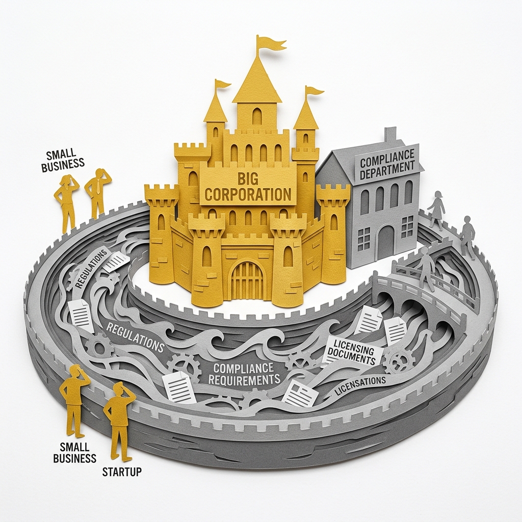 Layered papercut of a golden yellow castle labeled big corporation surrounded by a wide grey regulatory moat filled with grey waves of compliance requirements, regulations, and licensing documents, with small golden yellow startup and small business figures standing at the edge unable to cross, while the castle has its own grey compliance department building that handles the moat requirements effortlessly, illustrating how complex regulatory frameworks that nominally apply equally to all competitors in an industry in practice function as barriers to entry that protect large incumbent corporations from competition because they have the organizational capacity to absorb compliance costs that smaller competitors and new entrants cannot afford