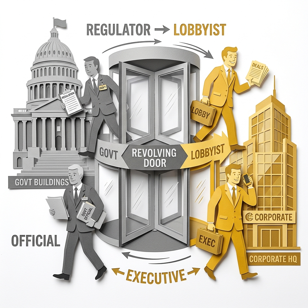 Layered papercut of a large grey revolving door in the center with a grey government regulator figure with a clipboard emerging on the right as a golden yellow corporate lobbyist figure with a briefcase while another figure reverses direction entering as a golden yellow corporate executive and emerging as a grey government official, with labels showing regulator becomes lobbyist and lobbyist becomes regulator, flanked by a grey government building on the left and a golden yellow corporate headquarters on the right, illustrating the revolving door phenomenon in which the same individuals cycle between government regulatory positions and corporate lobbying or executive positions, creating a systematic bias in which government agencies design and administer policies that serve the industries whose alumni populate them