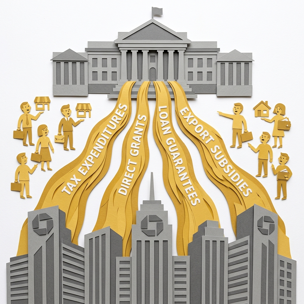 Layered papercut diagram with a grey government building at the top from which golden yellow rivers of money flow downward labeled with subsidy types including tax expenditures, direct grants, loan guarantees, and export subsidies, each river flowing into large grey corporate headquarters buildings at the bottom while ordinary golden yellow small business figures and taxpayer figures on the sides watch as the money flows past them toward only the large corporate buildings, illustrating the scale and variety of government financial support for private corporations that amounts to over $181 billion annually at the federal level alone, distributed through channels deliberately distributed across different agencies and budget categories to avoid visible aggregation