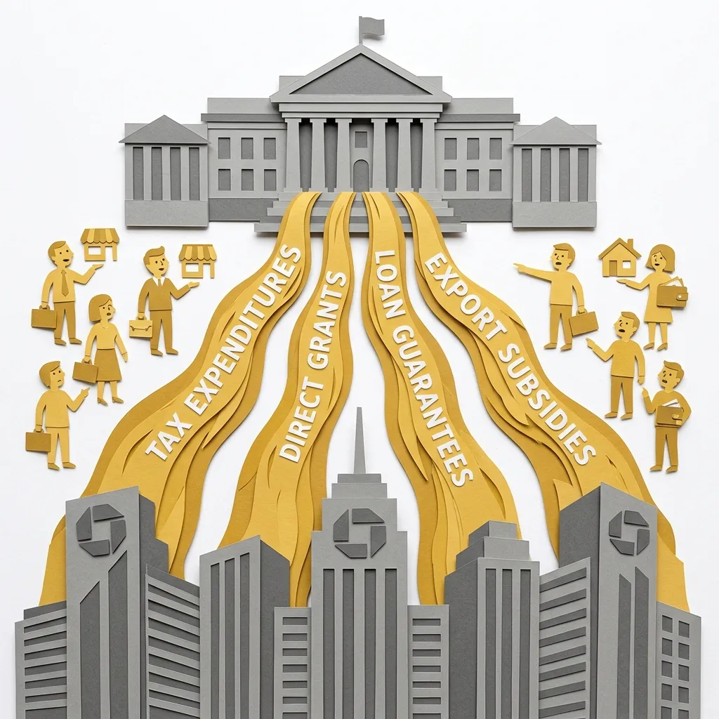 Layered papercut diagram with a grey government building at the top from which golden yellow rivers of money flow downward labeled with subsidy types including tax expenditures, direct grants, loan guarantees, and export subsidies, each river flowing into large grey corporate headquarters buildings at the bottom while ordinary golden yellow small business figures and taxpayer figures on the sides watch as the money flows past them toward only the large corporate buildings, illustrating the scale and variety of government financial support for private corporations that amounts to over $181 billion annually at the federal level alone, distributed through channels deliberately distributed across different agencies and budget categories to avoid visible aggregation