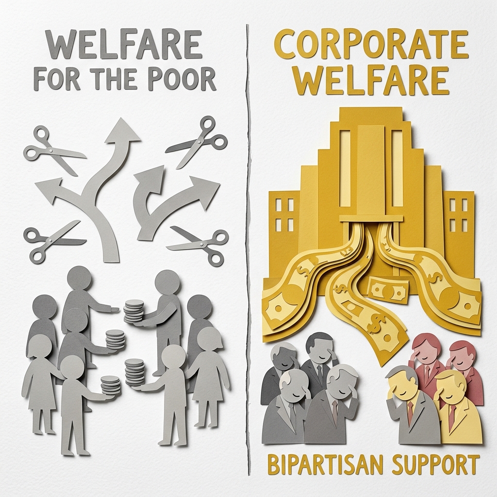 Layered papercut split scene showing on the left side welfare for the poor with grey small assistance figures receiving modest grey coin stacks surrounded by political debate arrows and scissors icons representing constant cuts and scrutiny, and on the right side corporate welfare showing a large golden yellow corporate building receiving vast golden money rivers with approving grey political figures on both sides representing bipartisan support, illustrating the structural political economy difference in which individual welfare programs face perpetual budget debates while corporate subsidies are embedded in tax code provisions and regulatory structures that persist regardless of which party holds power because the corporate beneficiaries have the lobbying resources to defend them continuously