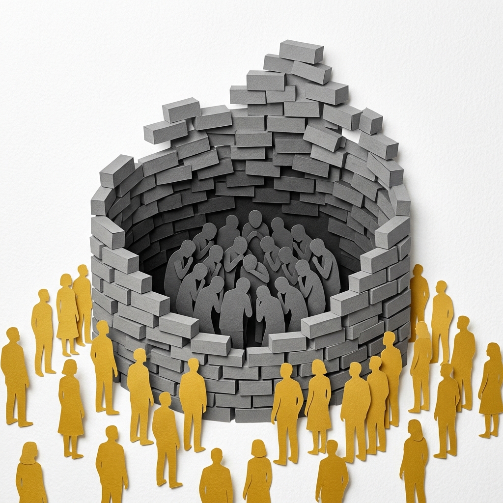 Layered papercut of a cluster of grey figures huddled inside an enclosing grey brick wall they are building ever higher, with peaceful golden yellow figures standing outside, unable to reach in, illustrating how fear-driven tribalism traps communities inside walls of their own making