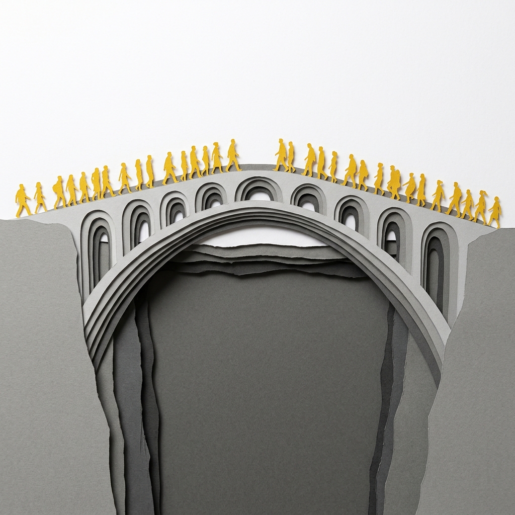 Layered papercut of a graceful grey arch bridge spanning a deep chasm, with dozens of golden yellow silhouetted figures crossing it in both directions, illustrating how trust is the invisible infrastructure that makes commerce and community possible