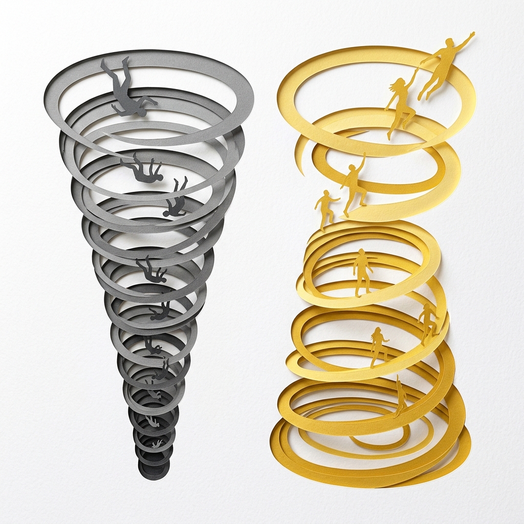 Layered papercut of two spirals side by side: a grey descending spiral with falling figures representing fear leading to compulsion and contraction, and a golden yellow ascending spiral with rising figures representing trust and empathy leading to liberty and expanding possibility