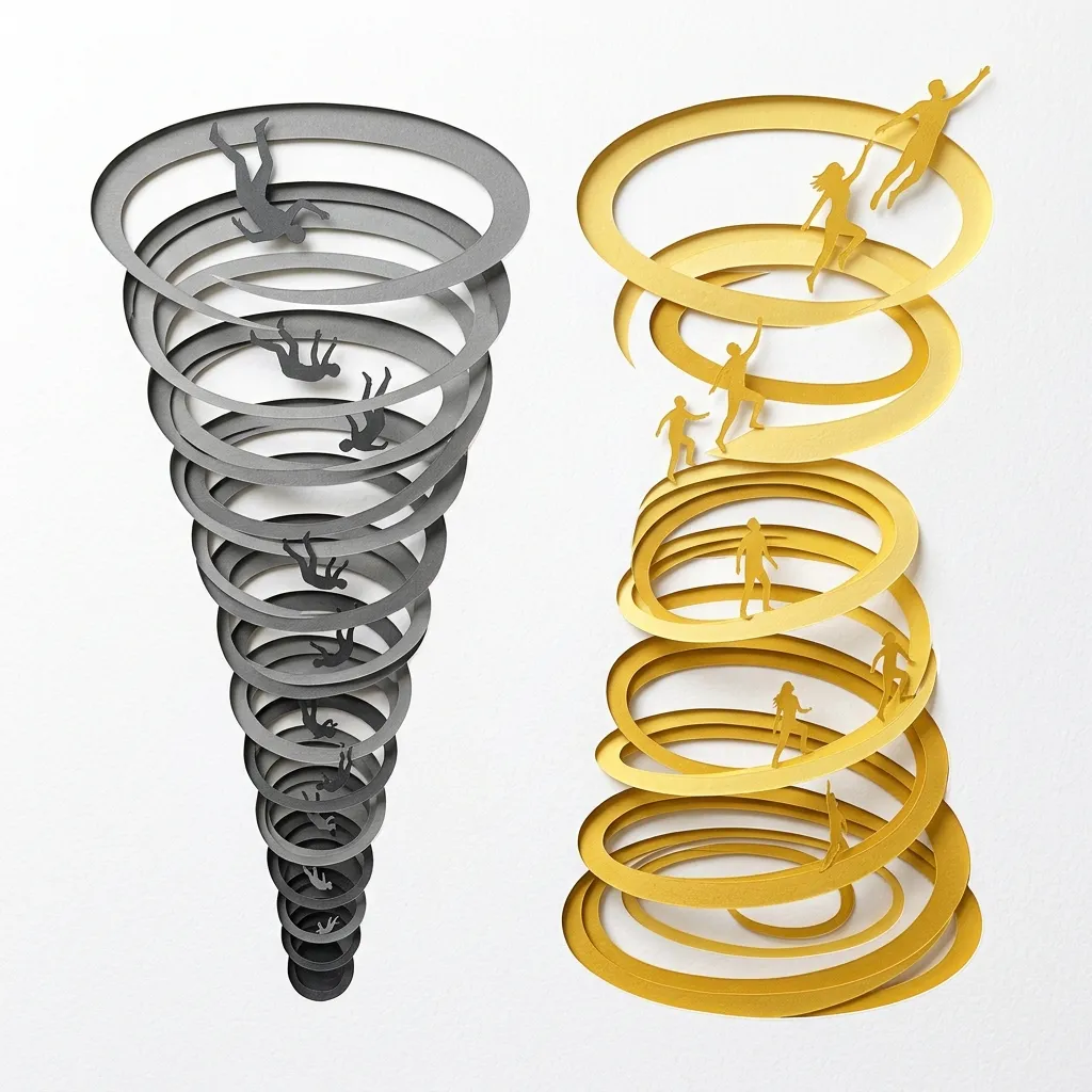 Layered papercut of two spirals side by side: a grey descending spiral with falling figures representing fear leading to compulsion and contraction, and a golden yellow ascending spiral with rising figures representing trust and empathy leading to liberty and expanding possibility