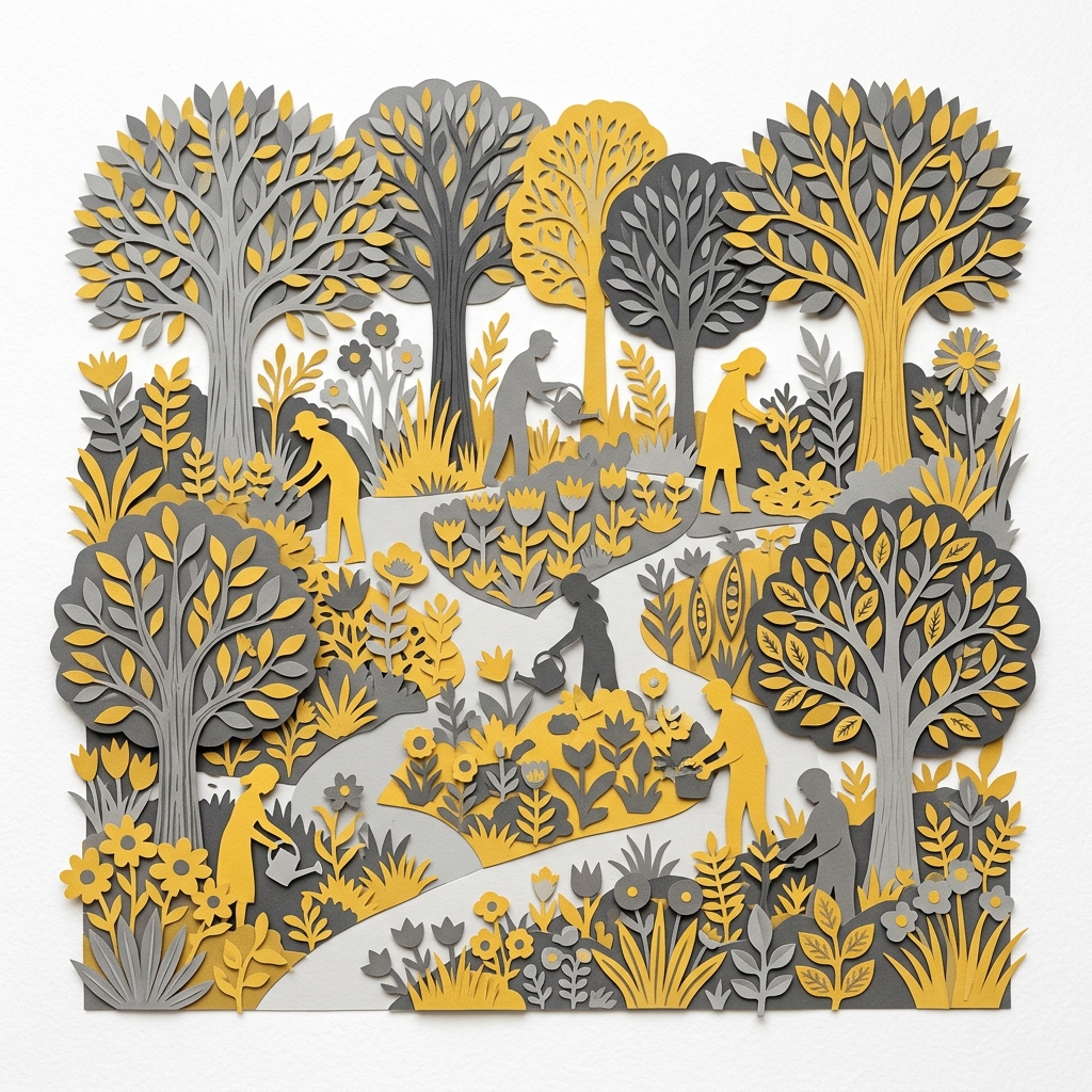 Layered papercut of a flourishing shared garden tended by grey and golden yellow silhouetted figures working together with no fences or walls, illustrating Ostrom's evidence that voluntary communities can sustain shared resources through trust, inclusion, and graduated norms without state management
