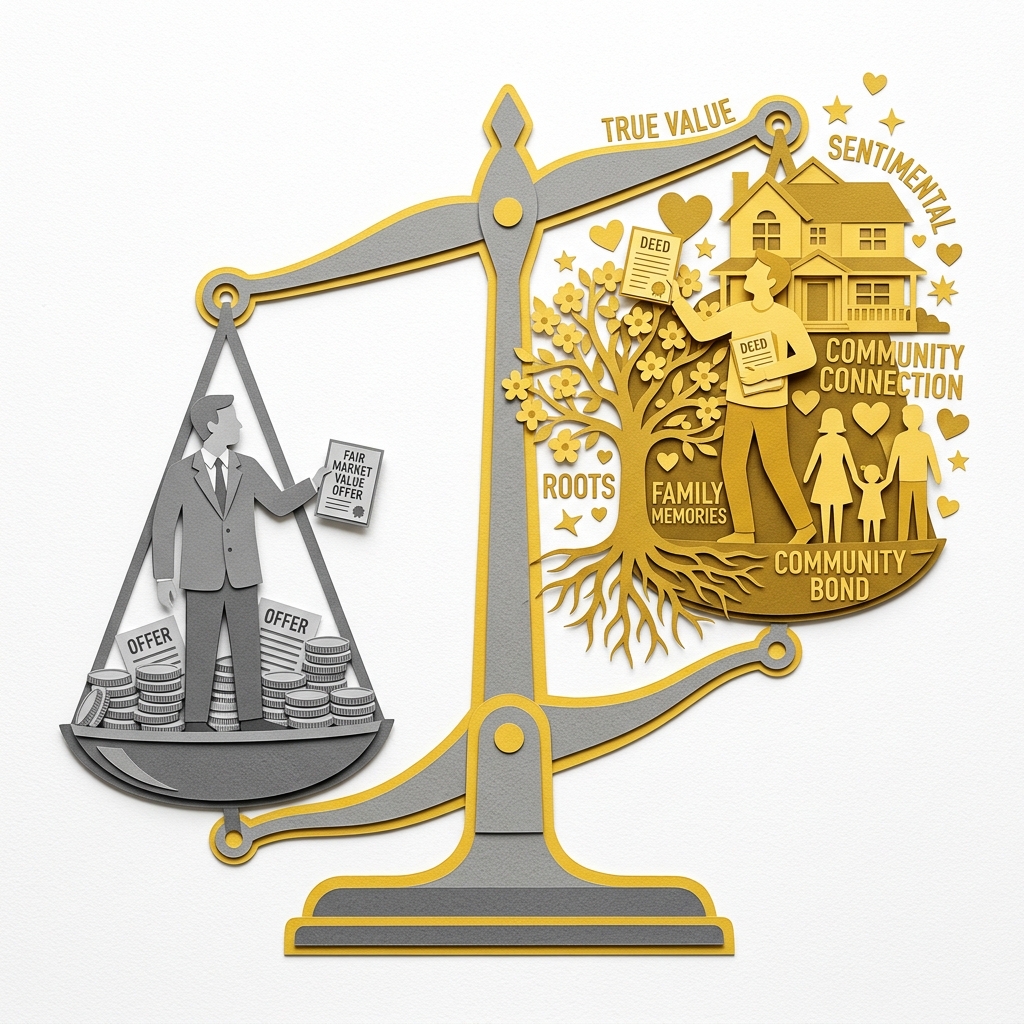 Layered papercut of a scale of justice visibly tilted with a grey government figure holding a fair market value offer and small grey coin stack on the heavier left side while a golden yellow homeowner figure holds their property deed surrounded by golden elements representing sentimental value, family memories, community roots, and business relationships that cannot be captured in a market transaction, all weighing more on the right side but failing to tip the scale, illustrating how the constitutional just compensation requirement as interpreted by courts compensates property owners only for market value while ignoring the subjective premium over market that long-term owners would require for a voluntary sale and the full range of losses that displacement imposes