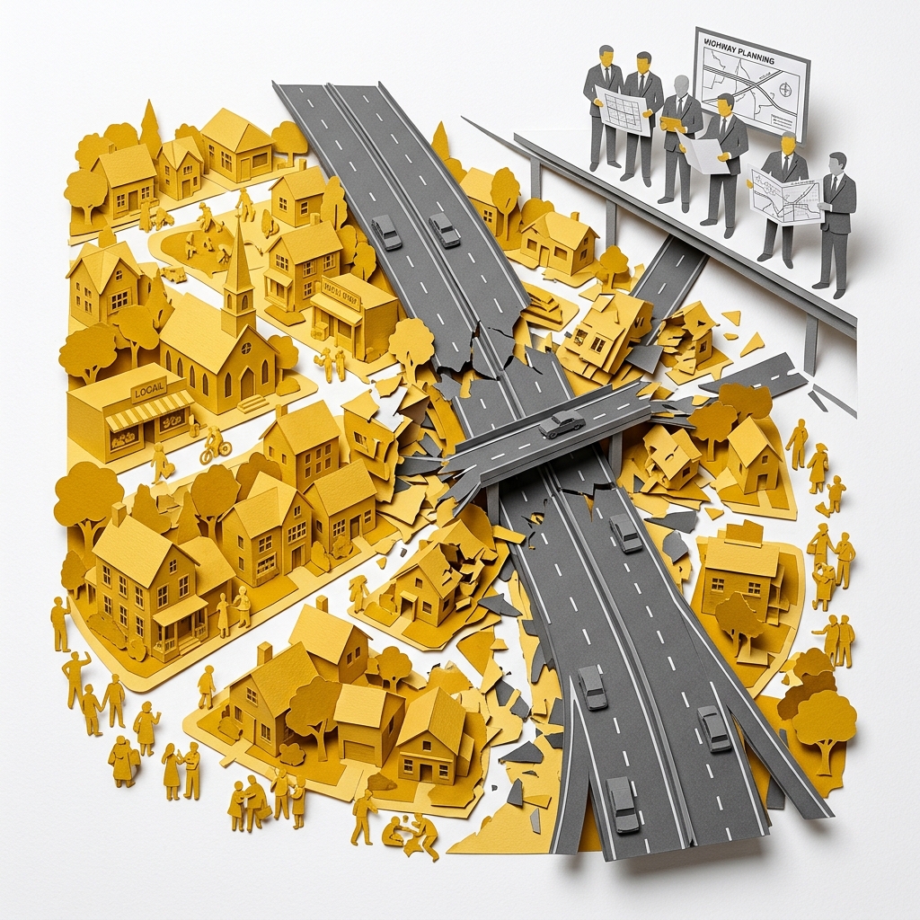 Layered papercut bird's-eye view of a thriving golden yellow neighborhood with homes, a church, community figures, and small businesses on the left, with a grey highway cutting directly through the center, demolishing the homes in its path and scattering the displaced golden yellow community figures to the edges, while grey-suited highway planners stand above reviewing blueprints, illustrating the documented history by which mid-twentieth century American highway construction, funded by the Federal-Aid Highway Act of 1956, was systematically routed through Black and brown neighborhoods whose residents lacked the political power to redirect projects that displaced an estimated three to four million people and destroyed thriving urban communities