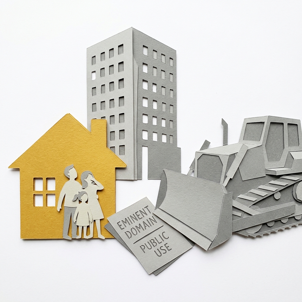 Layered papercut of a small golden yellow house with a family figure inside on the left, a grey government bulldozer approaching from the right bearing an eminent domain and public use document, and behind the house's former location a grey corporate office building representing private developer benefit rather than a public road or park, illustrating how the Supreme Court's 2005 Kelo decision expanded the constitutional meaning of public use to permit direct seizure and transfer of private property to private developers, a ruling that ultimately produced no benefit in New London since the Pfizer development that justified the takings was never built and the cleared land sat empty for years