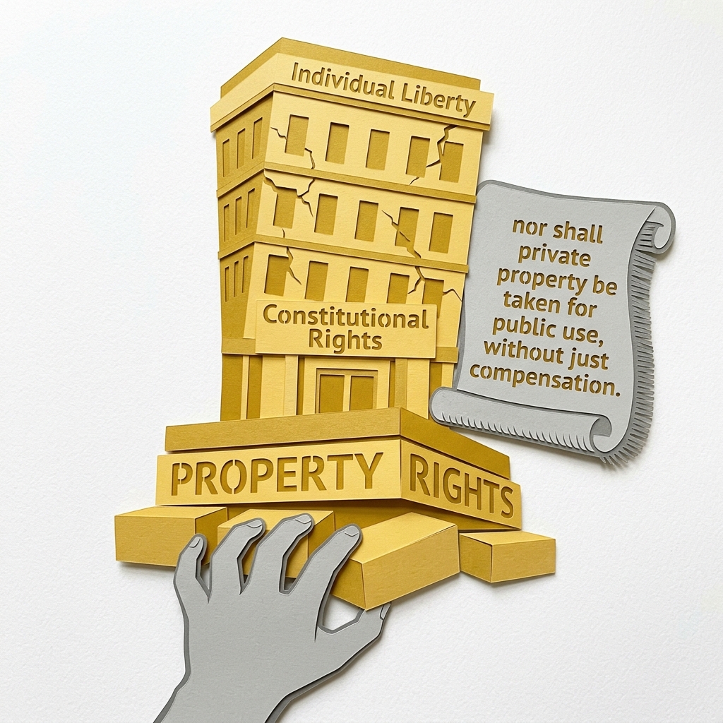 Layered papercut of a tall golden yellow building representing individual liberty and constitutional rights, with its golden yellow foundation blocks labeled property rights, as a grey government hand reaches beneath the foundation to pull out the foundational blocks causing the upper stories of the golden building to crack and tilt, while a grey scroll beside it shows the Fifth Amendment text about private property not being taken for public use without just compensation, illustrating the libertarian argument that property rights are the foundation of all other liberties and that the erosion of the public use requirement through judicial deference to economic development justifications undermines the constitutional guarantee that was written to protect individuals from exactly this kind of politically motivated seizure