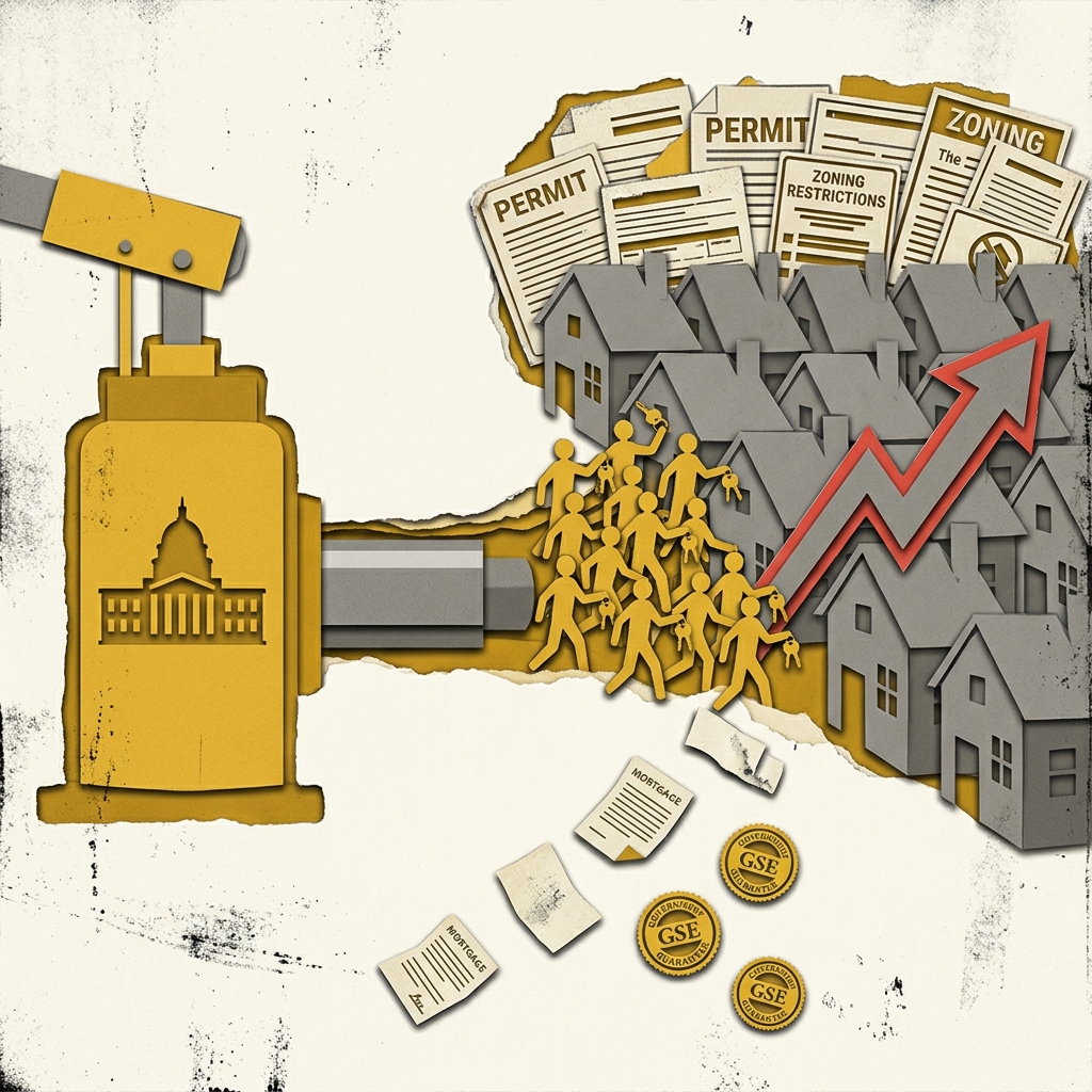 Layered papercut of a large golden yellow hydraulic pump on the left bearing a government building silhouette, pressing a wave of golden yellow buyer figures carrying house keys toward a fixed grey wall of identical houses on the right, with the wave of buyers compressing against the houses as a steep red price arrow rises from the rooftops, and above the houses a ceiling of grey permit documents and zoning restriction papers prevents any new construction, while mortgage papers and GSE seal medallions float below the wave of buyers, illustrating how demand-side government financing programs push buyers into supply-constrained housing markets, converting much of the demand stimulus into higher prices rather than more housing