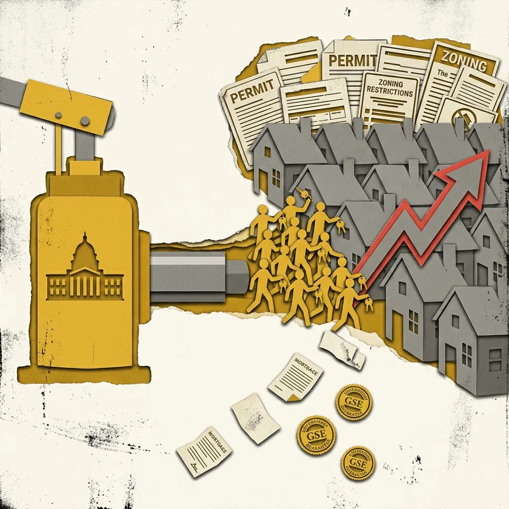 Layered papercut of a large golden yellow hydraulic pump on the left bearing a government building silhouette, pressing a wave of golden yellow buyer figures carrying house keys toward a fixed grey wall of identical houses on the right, with the wave of buyers compressing against the houses as a steep red price arrow rises from the rooftops, and above the houses a ceiling of grey permit documents and zoning restriction papers prevents any new construction, while mortgage papers and GSE seal medallions float below the wave of buyers, illustrating how demand-side government financing programs push buyers into supply-constrained housing markets, converting much of the demand stimulus into higher prices rather than more housing