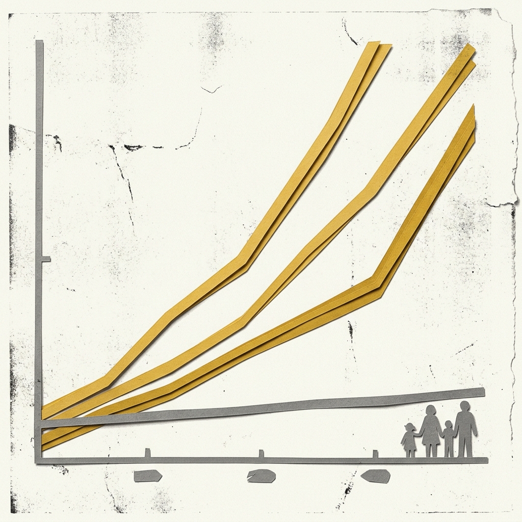Layered papercut chart with a horizontal time axis and three steep golden yellow rising lines representing healthcare, education, and housing costs climbing sharply upward over multiple decades, with a fourth flat grey line near the bottom representing general inflation, the gap between the golden lines and the grey line widening dramatically to the right, while small grey family figures at the bottom right are dwarfed by the ascending price lines above them, illustrating the decades-long divergence between costs in the three heavily government-financed sectors and the broader price level that ordinary household wages have roughly tracked