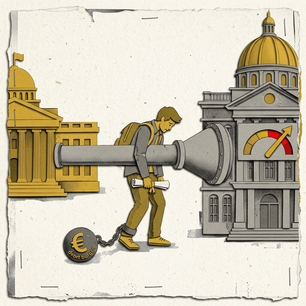 Layered papercut of a golden yellow government building on the far left connected by a widening pipe to a burdened grey student figure in the center holding a diploma, while the pipe widens further to feed into an affluent grey university building with a golden dome on the right, with a steeply rising price meter displayed on the university’s facade and a heavy chain-and-ball of debt attached to the student’s ankle, illustrating how federal student loan expansion passes through the student as an intermediary to reach universities, which respond by raising prices to capture the expanded purchasing power