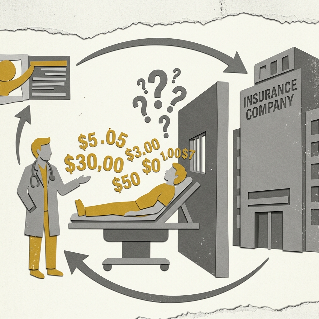Layered papercut showing a doctor figure on the left and a patient on a table in the center, with golden yellow dollar amounts floating between them, while a thick grey wall blocks the patient’s view of the true price, and grey arrows show money flowing from employer to insurance company to doctor in a loop that bypasses the patient entirely, with question marks floating above the patient’s head, illustrating how the third-party payment structure in American healthcare removes the price-sensitivity feedback that would otherwise moderate both consumption and provider pricing