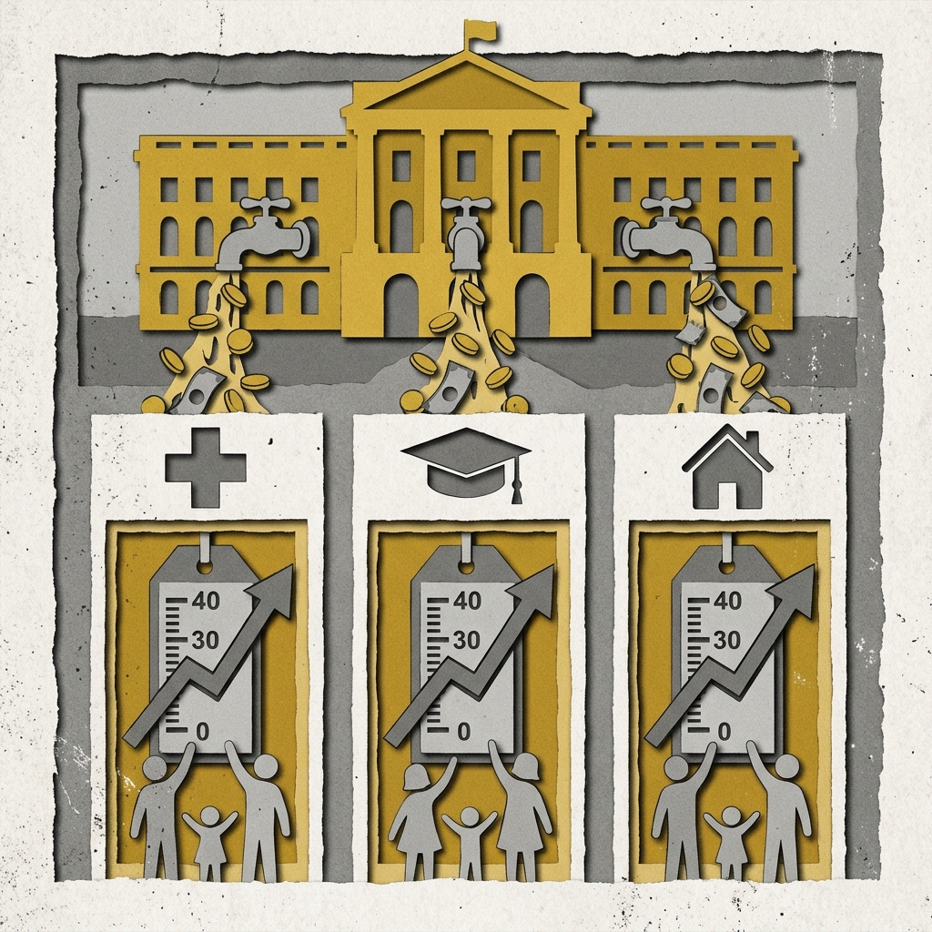 Layered papercut of a golden yellow government building at the top center with three money spigots pouring streams of coins downward into three columns below, each marked with a healthcare cross, a graduation cap, and a house silhouette, with price meter arrows climbing steeply in each column while small grey family figures reach upward with empty hands, illustrating how government financing programs flow into healthcare, education, and housing, stimulating demand in sectors where supply constraints translate much of the financing increase into higher prices rather than more access