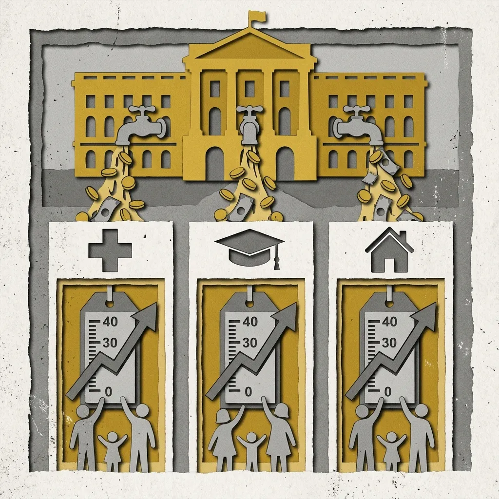 Layered papercut of a golden yellow government building at the top center with three money spigots pouring streams of coins downward into three columns below, each marked with a healthcare cross, a graduation cap, and a house silhouette, with price meter arrows climbing steeply in each column while small grey family figures reach upward with empty hands, illustrating how government financing programs flow into healthcare, education, and housing, stimulating demand in sectors where supply constraints translate much of the financing increase into higher prices rather than more access