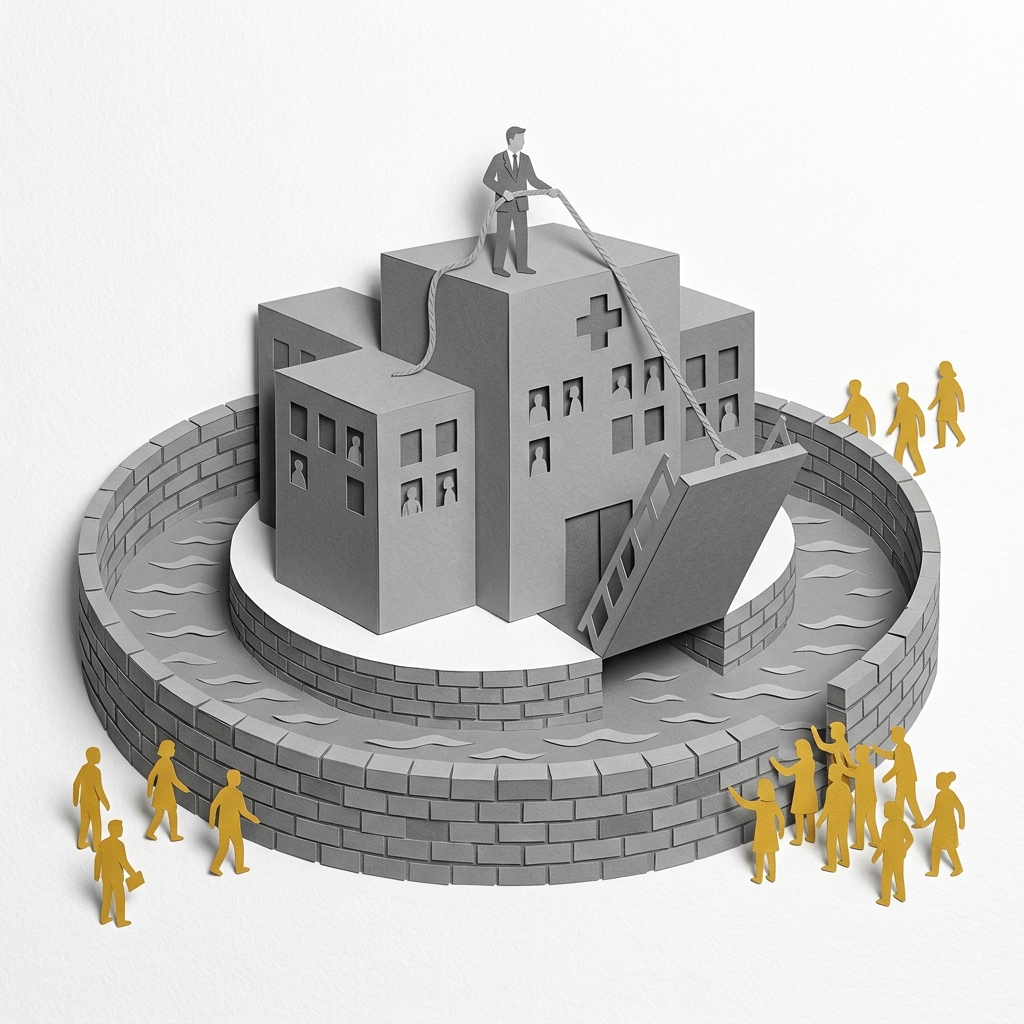 Layered papercut of a circular moat of grey bricks surrounding a large grey hospital building. A grey figure in a suit atop the hospital holds a drawbridge rope, blocking golden yellow competitor figures from crossing. This illustrates how Certificate of Need laws and regulatory capture create protected monopolies for incumbent hospital systems, preventing competition that would lower prices