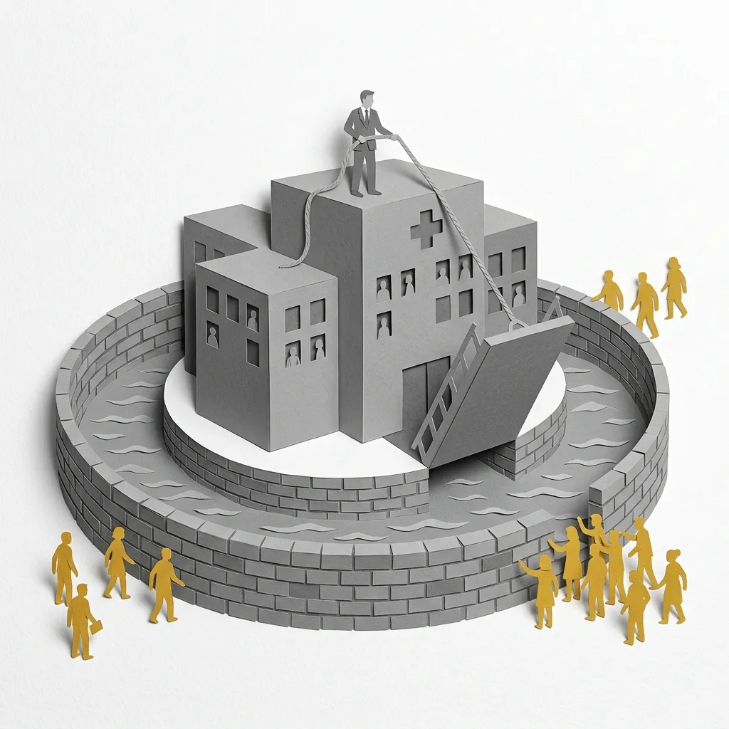 Layered papercut of a circular moat of grey bricks surrounding a large grey hospital building. A grey figure in a suit atop the hospital holds a drawbridge rope, blocking golden yellow competitor figures from crossing. This illustrates how Certificate of Need laws and regulatory capture create protected monopolies for incumbent hospital systems, preventing competition that would lower prices