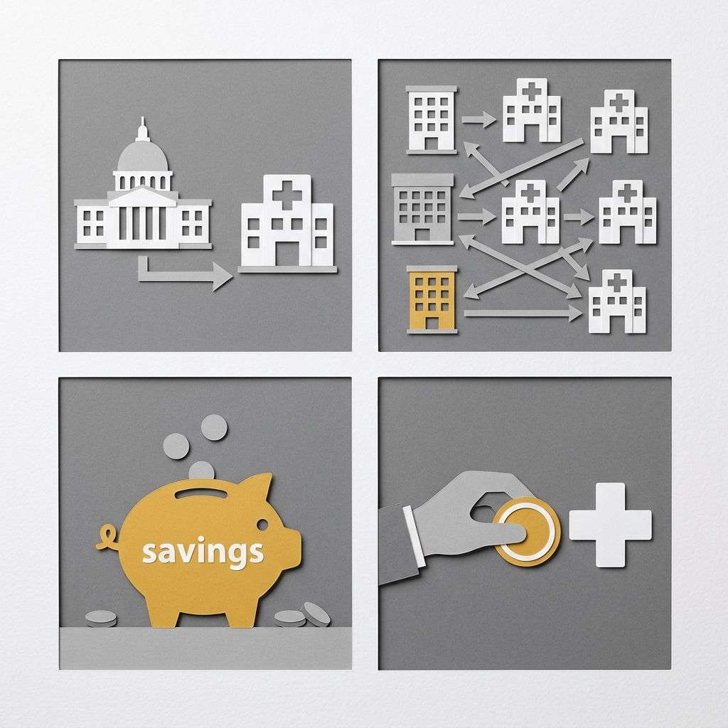 Layered papercut grid of four panels illustrating the four healthcare financing models: top-left government building pointing to hospital (Beveridge), top-right multiple insurance buildings connecting to hospitals (Bismarck), bottom-left golden yellow savings piggy bank (savings-based), bottom-right grey hand with coin directly to medical cross (out of pocket), showing the structural taxonomy of how healthcare systems are financed globally
