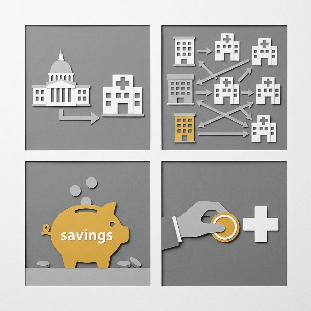 Layered papercut grid of four panels illustrating the four healthcare financing models: top-left government building pointing to hospital (Beveridge), top-right multiple insurance buildings connecting to hospitals (Bismarck), bottom-left golden yellow savings piggy bank (savings-based), bottom-right grey hand with coin directly to medical cross (out of pocket), showing the structural taxonomy of how healthcare systems are financed globally