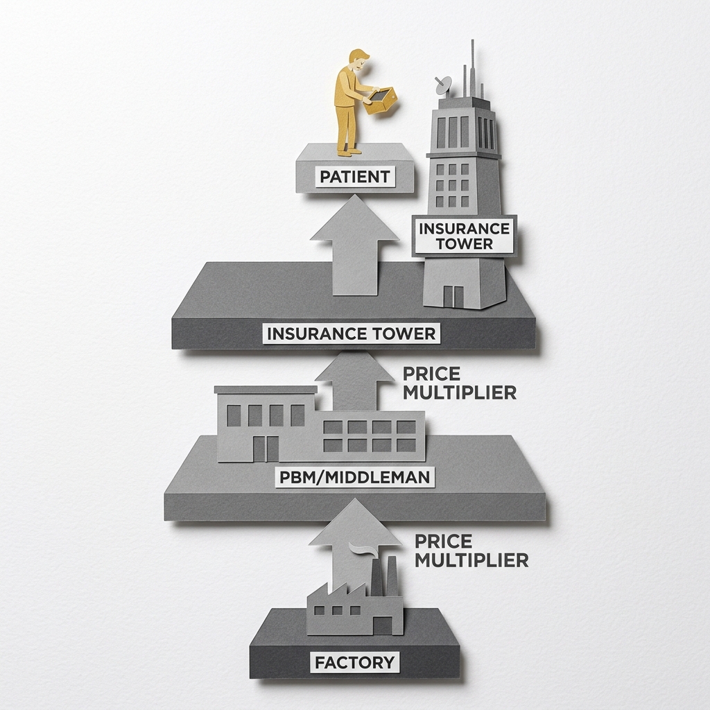 Layered papercut diagram showing the US healthcare price chain: a factory at the bottom, a PBM/middleman layer above with a price multiplier arrow, an insurance tower above that with another multiplier, and a tiny golden yellow patient figure at the top holding an empty wallet, illustrating how each intermediary layer inflates the cost before it reaches the patient