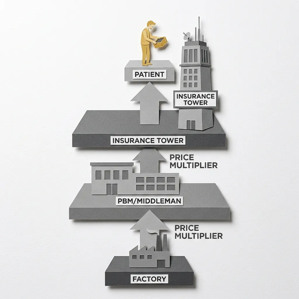 Layered papercut diagram showing the US healthcare price chain: a factory at the bottom, a PBM/middleman layer above with a price multiplier arrow, an insurance tower above that with another multiplier, and a tiny golden yellow patient figure at the top holding an empty wallet, illustrating how each intermediary layer inflates the cost before it reaches the patient