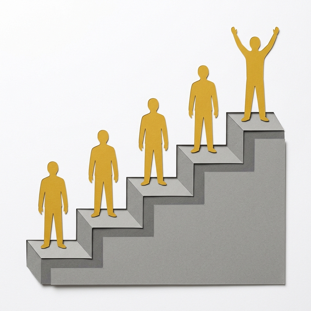 Layered papercut of five ascending grey steps with golden yellow figures standing on each step and the topmost figure raising both arms, illustrating a five-step incremental reform ladder: CON law repeal, price transparency, tax restructuring, HSA expansion, and Medicare drug negotiation, representing politically viable sequential changes that collectively move the system toward genuine competition