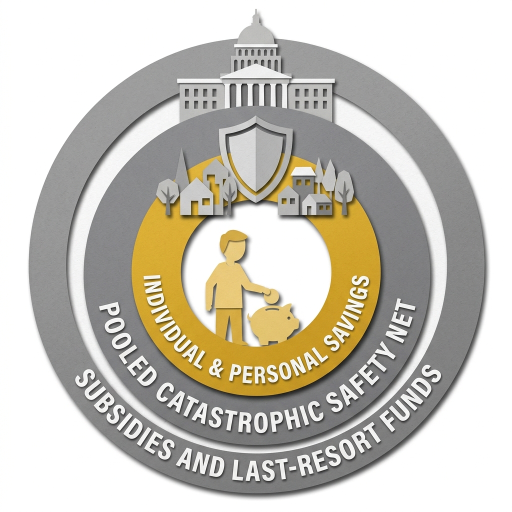 Layered papercut of three concentric rings illustrating the Singapore 3M model: the innermost golden yellow ring shows an individual with a savings piggy bank representing MediSave, the middle grey ring shows an insurance shield representing MediShield catastrophic coverage, and the outer grey ring shows a government building representing MediFund subsidies and last-resort funds