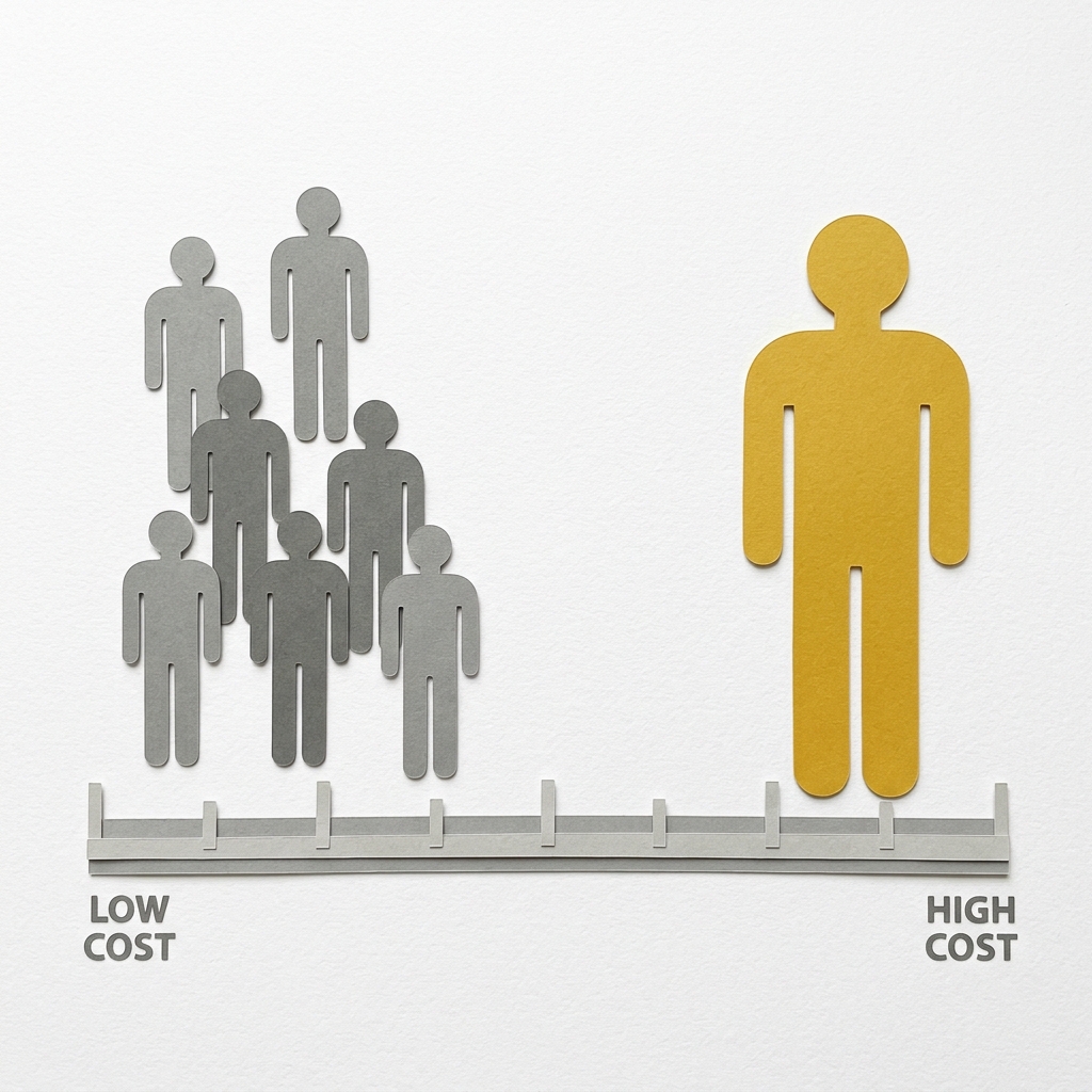 Layered papercut chart showing a scatter of grey silhouetted figures clustered at medium health outcomes and low-to-moderate cost on the left, versus a single large golden yellow figure at extreme high cost but only middle outcomes on the right, illustrating how the US spends dramatically more than peer nations without proportionately better health outcomes