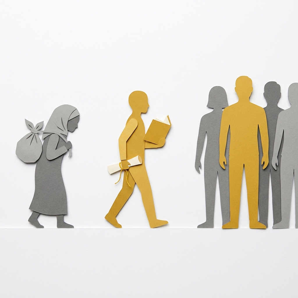 Layered papercut of three generations of figures progressing from left to right: a small grey figure with a bundle representing a first-generation immigrant arriving, a taller golden yellow figure with a book and diploma representing second-generation educational achievement, and a full-height golden yellow figure standing comfortably among grey native-born figures on the right, illustrating the consistent historical pattern of generational assimilation that every immigrant wave has followed