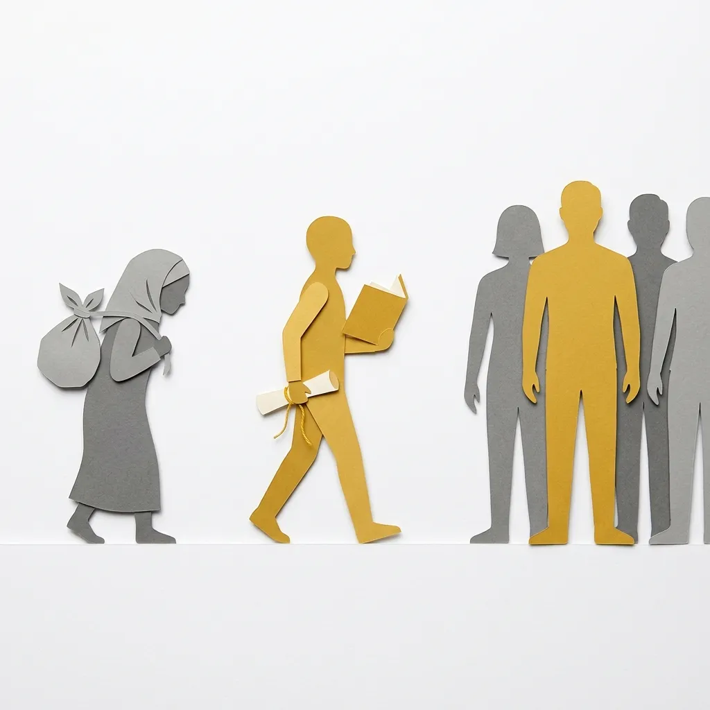 Layered papercut of three generations of figures progressing from left to right: a small grey figure with a bundle representing a first-generation immigrant arriving, a taller golden yellow figure with a book and diploma representing second-generation educational achievement, and a full-height golden yellow figure standing comfortably among grey native-born figures on the right, illustrating the consistent historical pattern of generational assimilation that every immigrant wave has followed