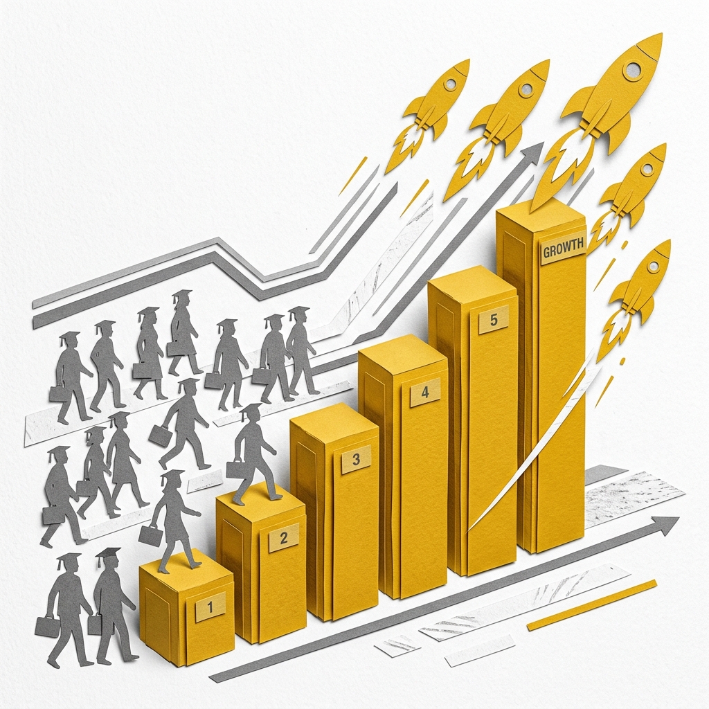 Layered papercut of golden yellow immigrant figures as an upward bar graph with grey professional figures and graduation cap silhouettes on the left, and golden yellow rockets launching from the top of the tallest bars representing startup companies, illustrating that 55 percent of US billion-dollar startups have at least one immigrant founder and 46 percent of Fortune 500 companies were founded by immigrants or their children
