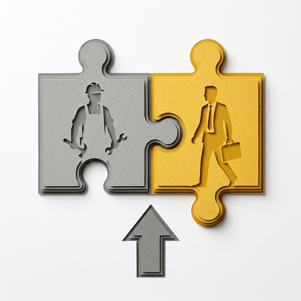 Layered papercut of two interlocking puzzle pieces: a grey piece with a factory worker silhouetted with tools, and a golden yellow piece with a professional figure carrying a briefcase, fitting together perfectly with an upward grey arrow below, illustrating the complementarity between immigrant and native-born labor markets where different skills combine to increase overall economic productivity