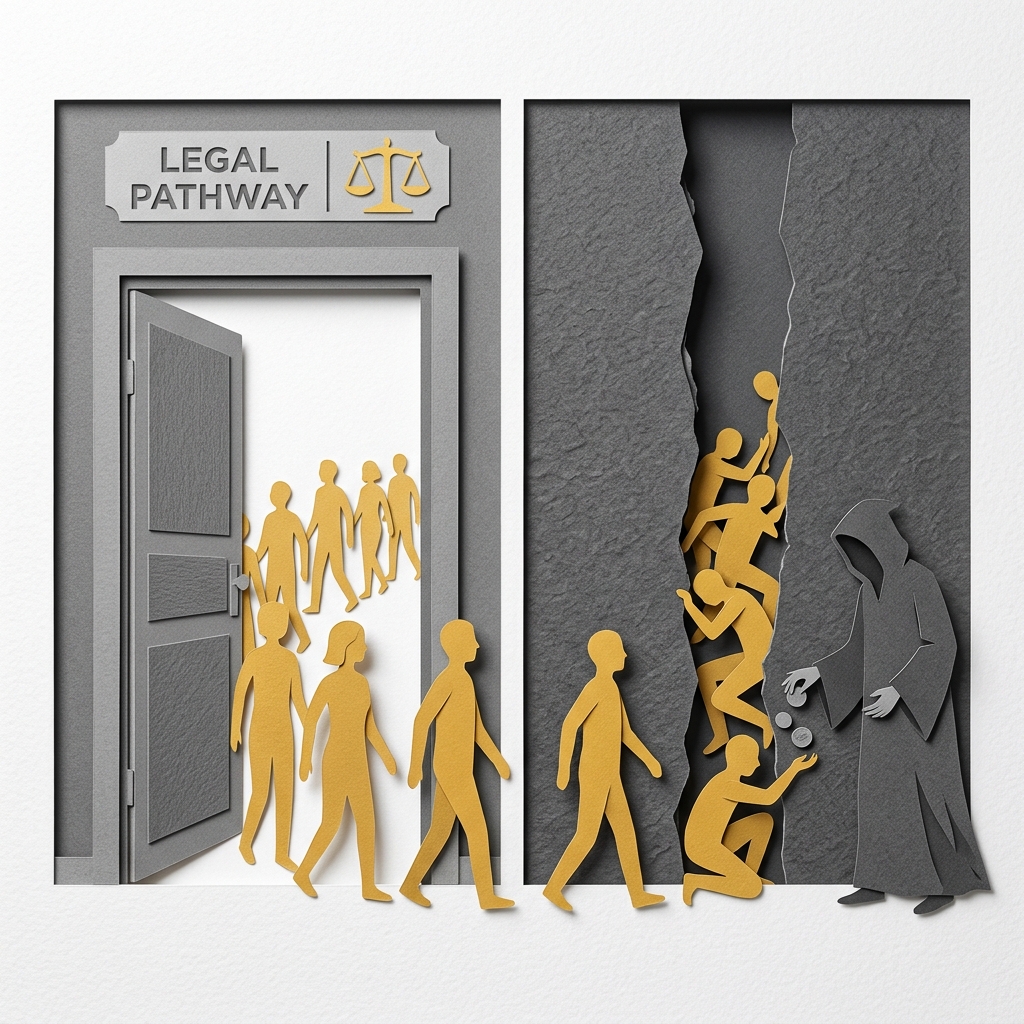 Layered papercut split scene: on the left panel, golden yellow figures walking upright through a wide open grey door labeled Legal Pathway; on the right panel, golden yellow figures crouching to squeeze through a narrow dark gap while a hooded grey smuggler figure collects payment, illustrating how closing legal pathways does not eliminate migration but routes it through criminal intermediaries at higher cost to migrants and higher profit to smugglers