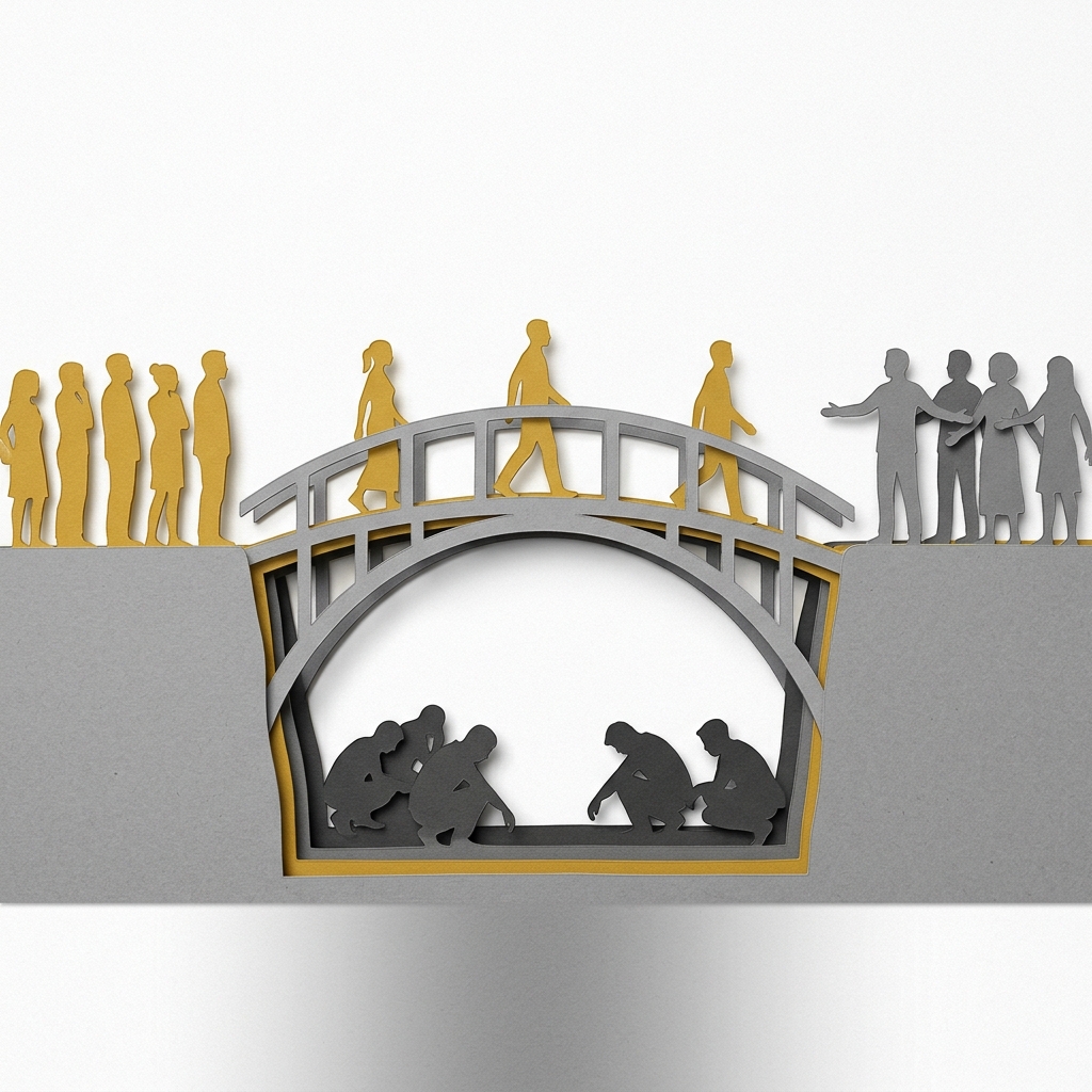 Layered papercut of a graceful grey arched bridge connecting two elevated platforms, with golden yellow figures walking openly across it while dark grey crouching figures lurk below in the gap representing criminal smuggling networks, illustrating how expanding legal immigration pathways eliminates the market for criminal intermediaries by providing the movement that demand requires through orderly rather than chaotic means