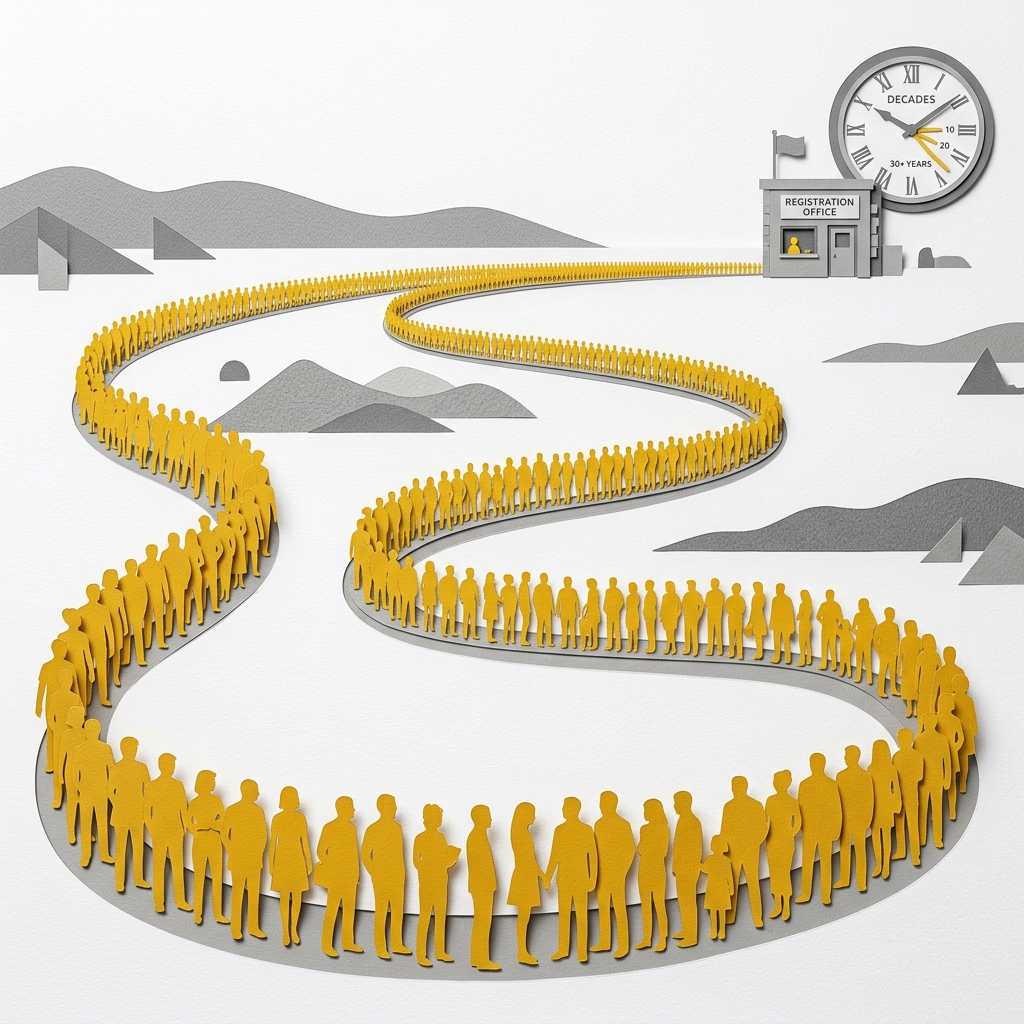 Layered papercut of an impossibly long winding queue of golden yellow silhouetted figures snaking across the landscape toward a tiny grey government registration office with a clock on the wall reading decades, illustrating the backlog of over 1.2 million people waiting in the employment-based immigration queue with projected wait times exceeding a century for many applicants