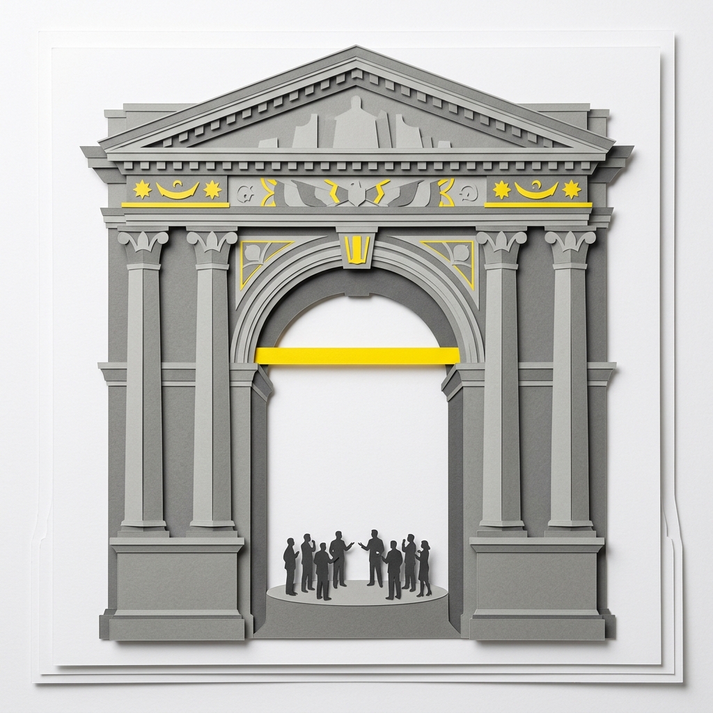 Layered papercut of a grand neoclassical constitutional arch with a high yellow bar set near the top and small deliberating figures below, in grey and yellow on white