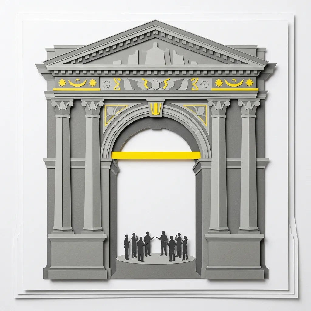 Layered papercut of a grand neoclassical constitutional arch with a high yellow bar set near the top and small deliberating figures below, in grey and yellow on white