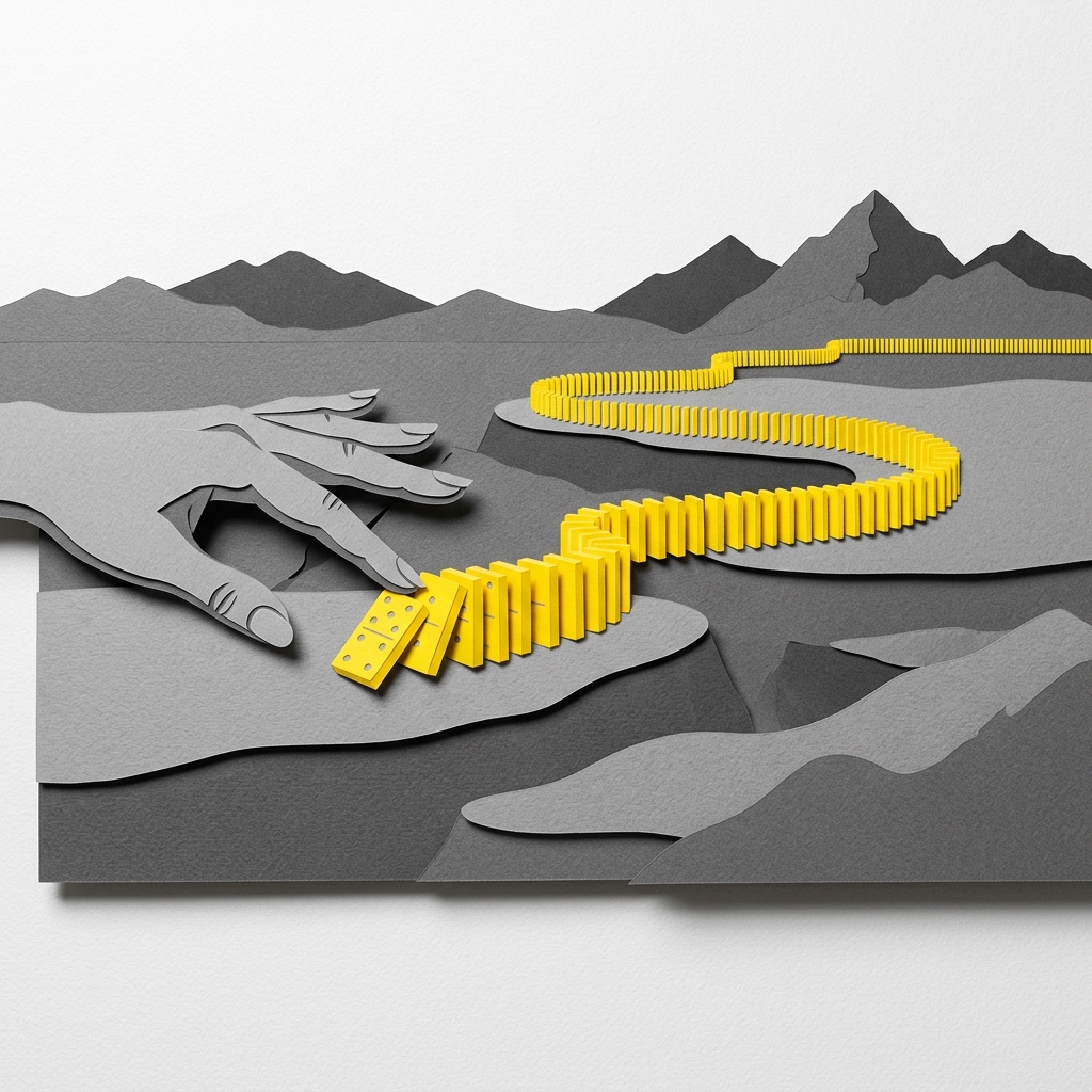 Layered papercut illustration of a hand toppling yellow dominoes across a grey mountainous landscape, representing the cascade of unintended consequences from covert foreign intervention