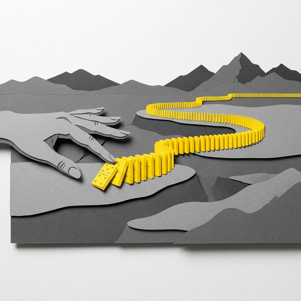Layered papercut illustration of a hand toppling yellow dominoes across a grey mountainous landscape, representing the cascade of unintended consequences from covert foreign intervention